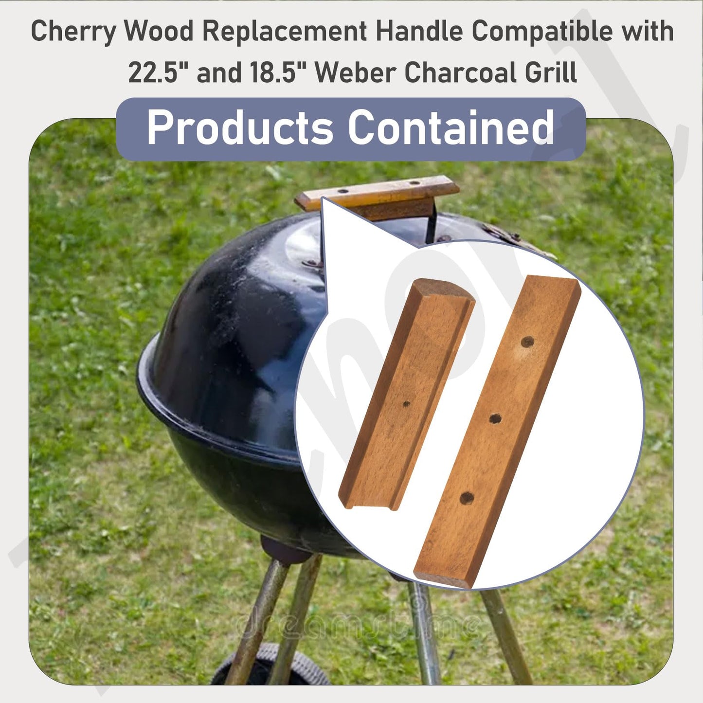 3Pack Cherry Wood Replacement Handle for 22.5" & 18.5" One Touch Grills Compatible with Weber Charcoal Grill Including Mounting Screws