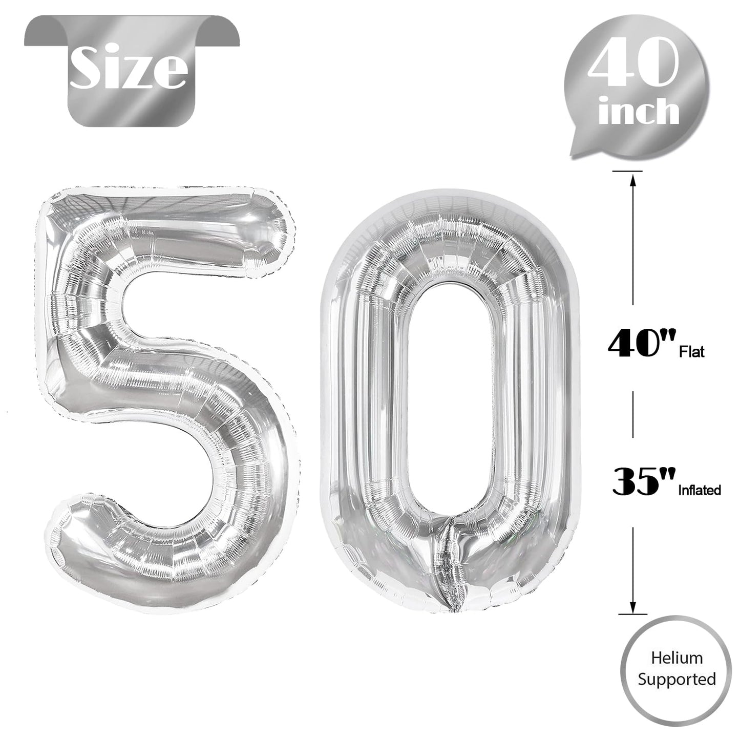 Silver Number 50 Balloon 40 inch, 50 Number Balloons, 50th Silver Birthday Decorations for Girls Boys Kids, 50 Year Old Women Men Silver Party Supplies