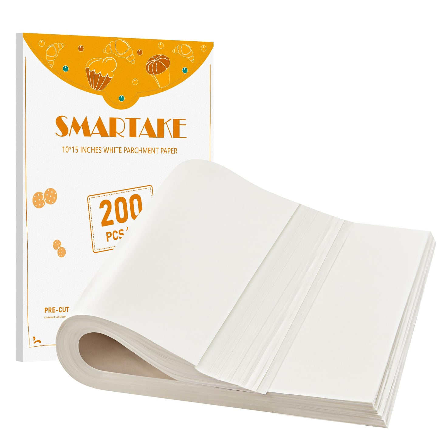 SMARTAKE 200 Pcs Parchment Paper Baking Sheets, 10x15 Inch Non-Stick Precut Baking Parchment, Suitable for Baking Grilling Air Fryer Steaming Bread Cup Cake Cookie and More (White)