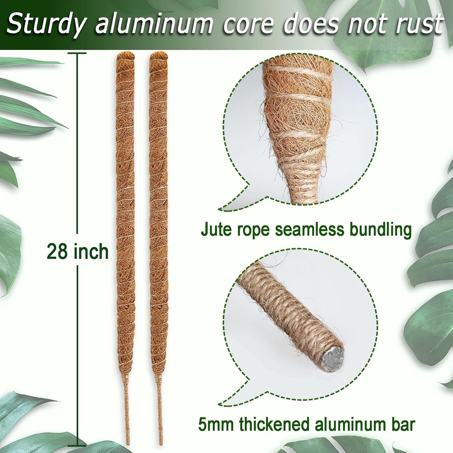 Soupiar 28" Bendable Moss Pole - Rust-Free Aluminum Core Plant Support Stakes for Monstera | 2-Pack with 13.2ft Jute Rope