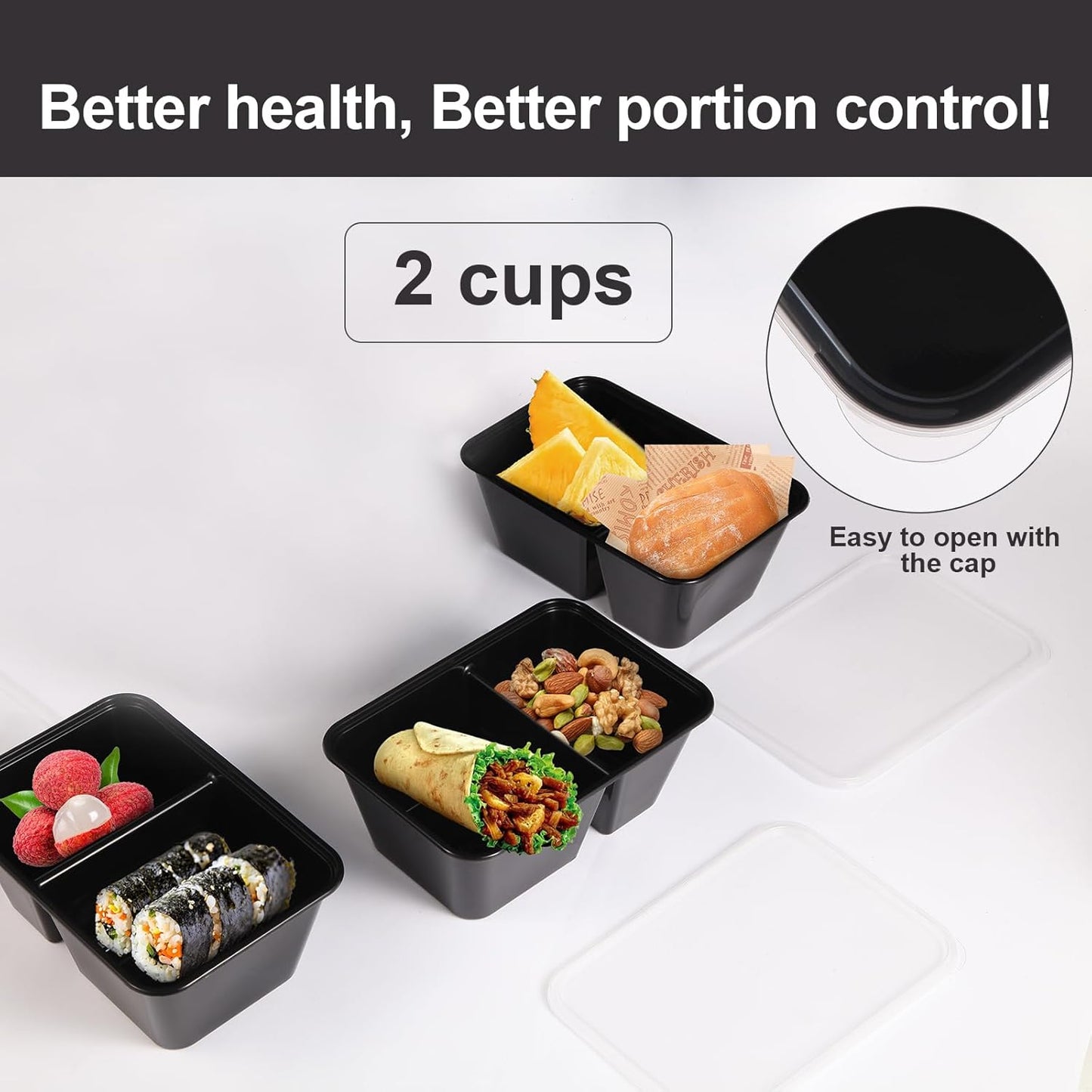 Qewro 32oz Meal Prep Containers - 50 Pack, 2-Compartment, Reusable & Disposable, Microwave Safe