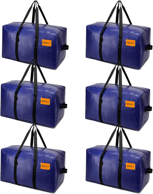 Skiennix Heavy-Duty Moving Bags - Extra Large Storage Totes with Zippers & Sturdy Handles - 6 Pack, Blue