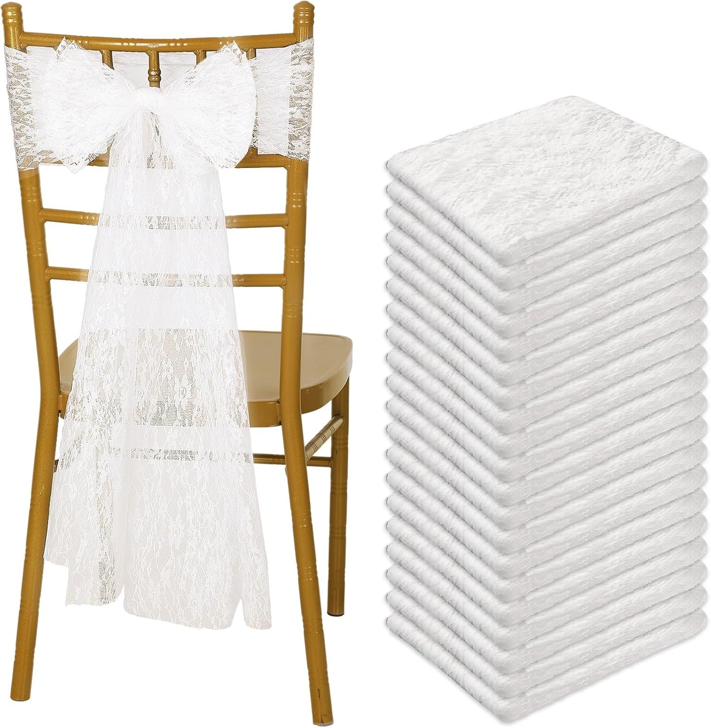 VitalCozy Vintage Chair Sashes - 50 Pcs Embroidered Boho Bows for Weddings & Events | 7 x 108 Inches, White