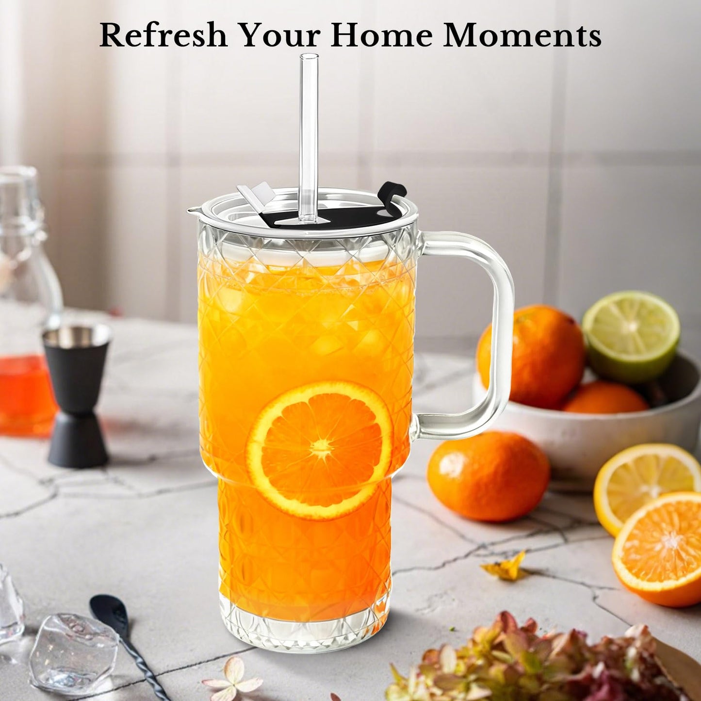 Snextek 18oz Glass Tumbler with Lid, Glass Straw & Handle, 2-Piece Set, Thickened for Iced Coffee, Smoothies, Cocktails, Home Office Travel (Gemstone)