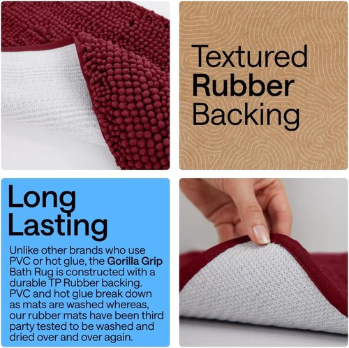 GORILLA GRIP Bath Rug Mat - Plush Absorbent Shaggy Chenille for Square Toilet Base - Burgundy, Machine Washable