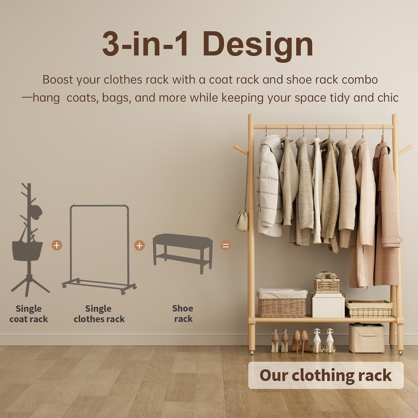 Muwuele Solid Wood Clothing Rack - Rolling Garment Rack with Shelves | Portable Closet Organizer (Natural)
