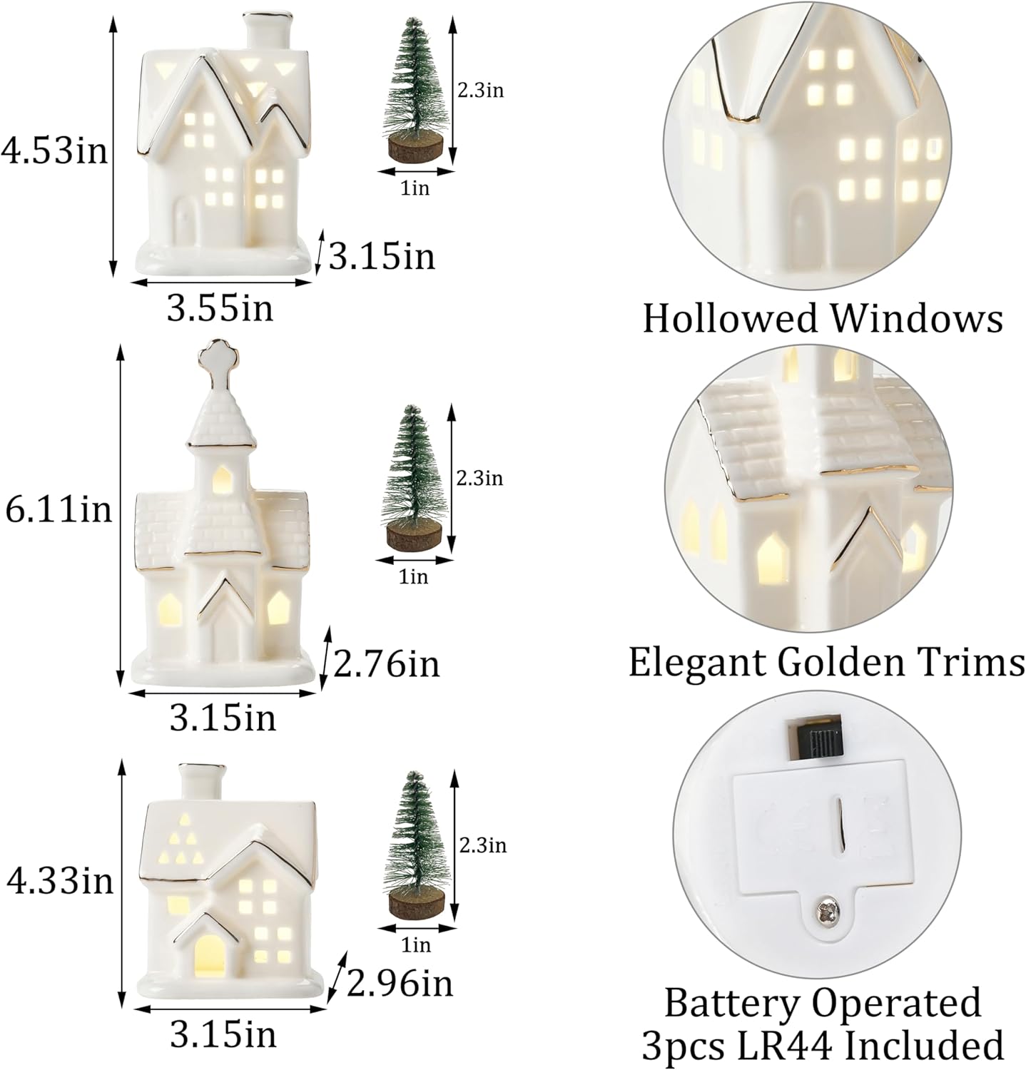 Regine Switzerland White Christmas Village Houses - 3Pcs Glazed Ceramic Set with Trees | Light Up Holiday Decor