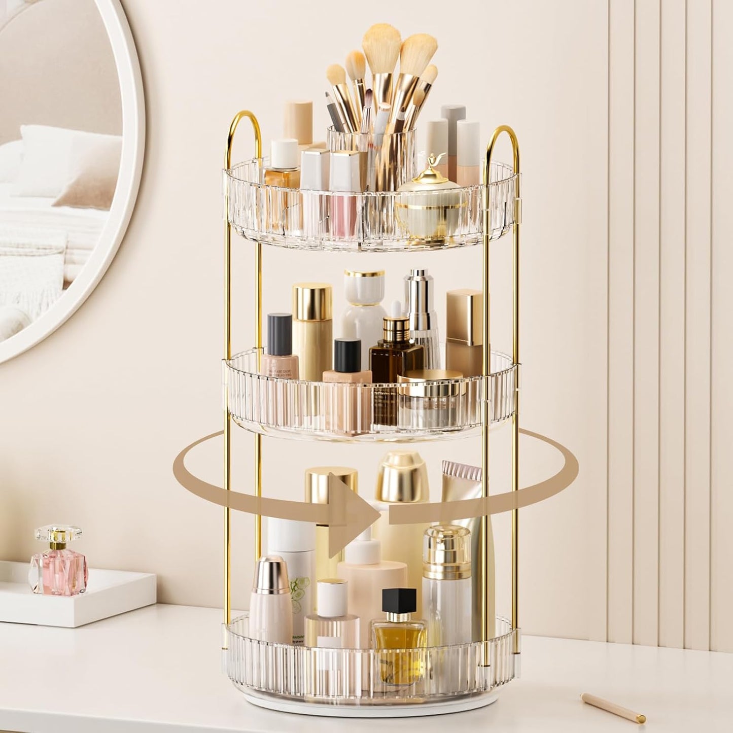 Skiennix 360° Rotating Makeup Organizer - Upgraded 3 Tier Skincare & Perfume Storage | Clear Cosmetic Dresser with Brush Holder