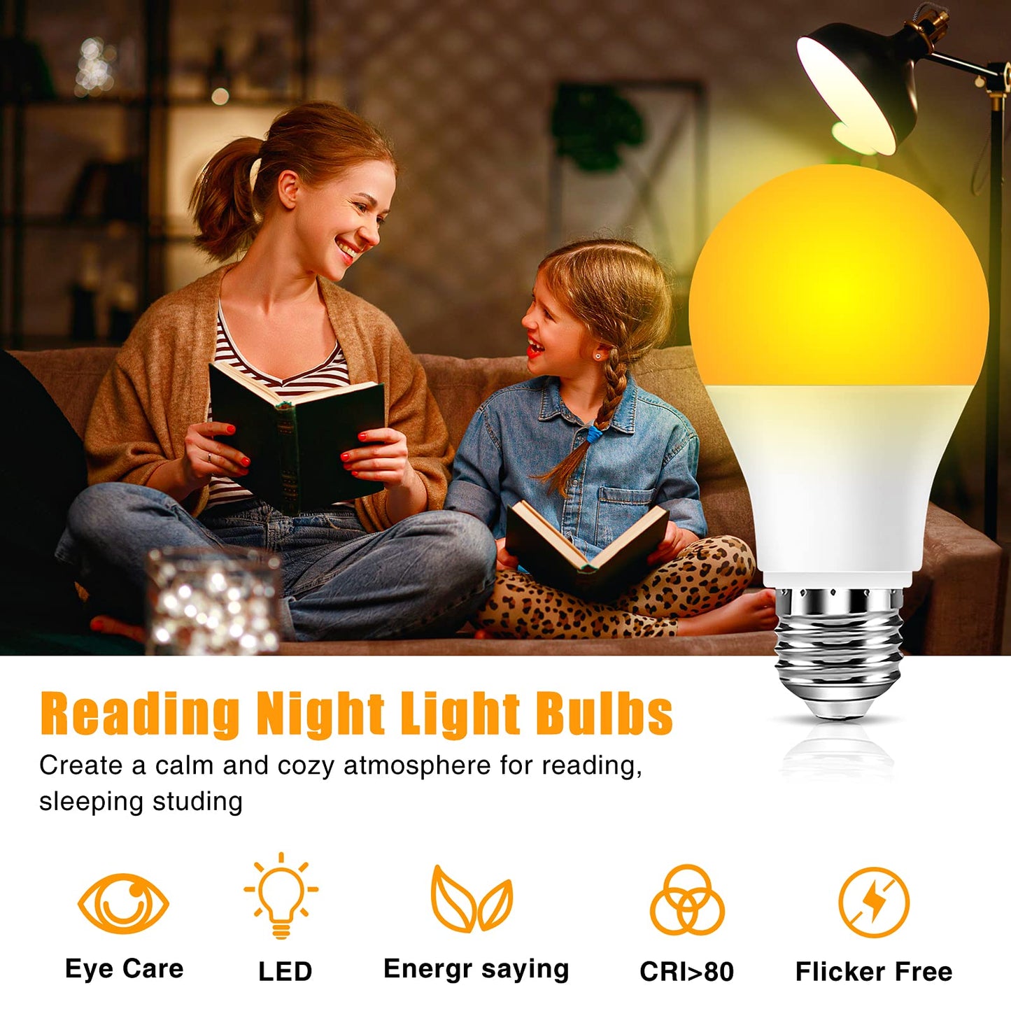 Neporal Amber Light Bulbs, 9W 60W Equivalent A19 Soft Light Bulb, Blue Light Blocking Warm Light Bulbs, 1800K Amber Night Light Bulb, Dim Bulb for Healthy Sleep and Baby Nursery Light (3)