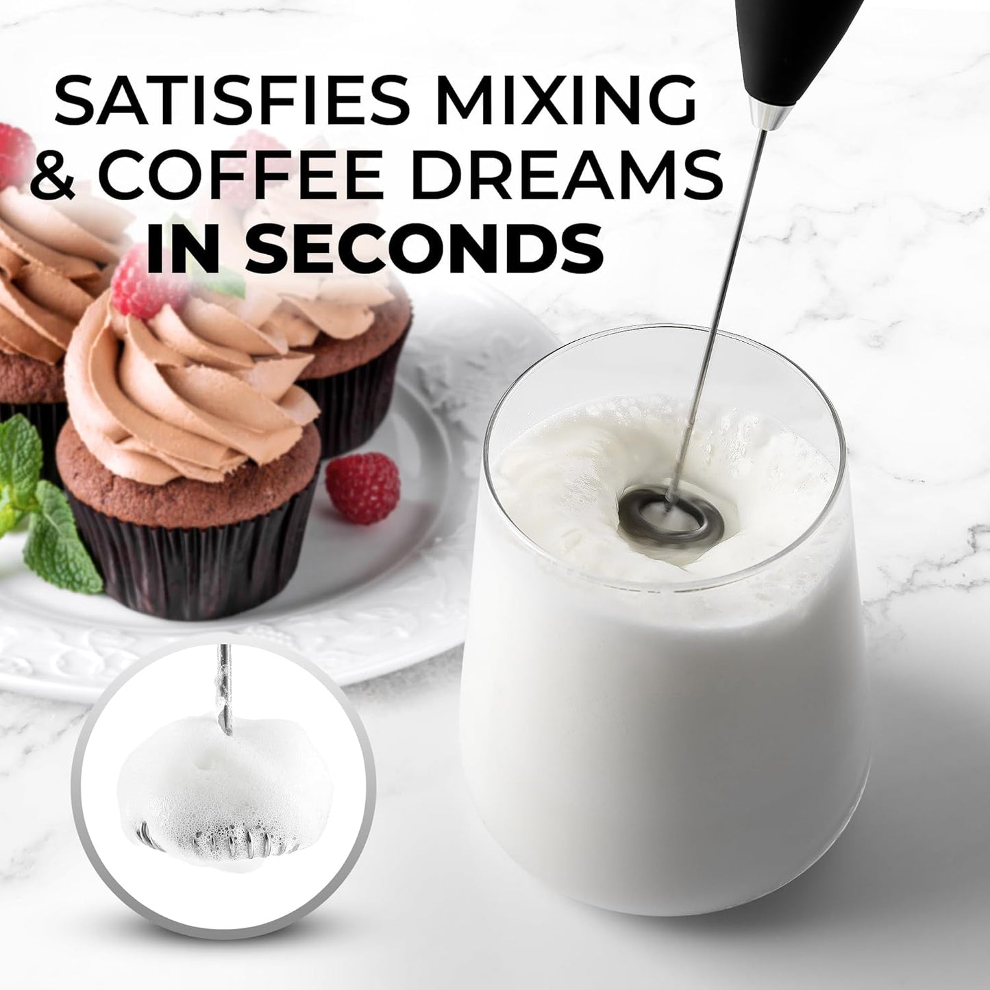 Zulay Kitchen Milk Frother - Handheld Electric Whisk for Lattes, Matcha & More | Durable Stainless Steel - Black
