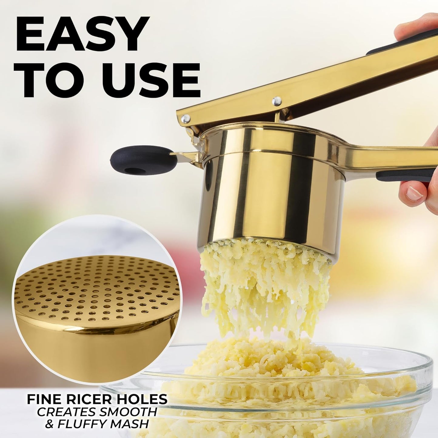 Zulay Kitchen Premium Potato Ricer - Heavy Duty Stainless Steel Masher Tool | 15oz Gold/Black