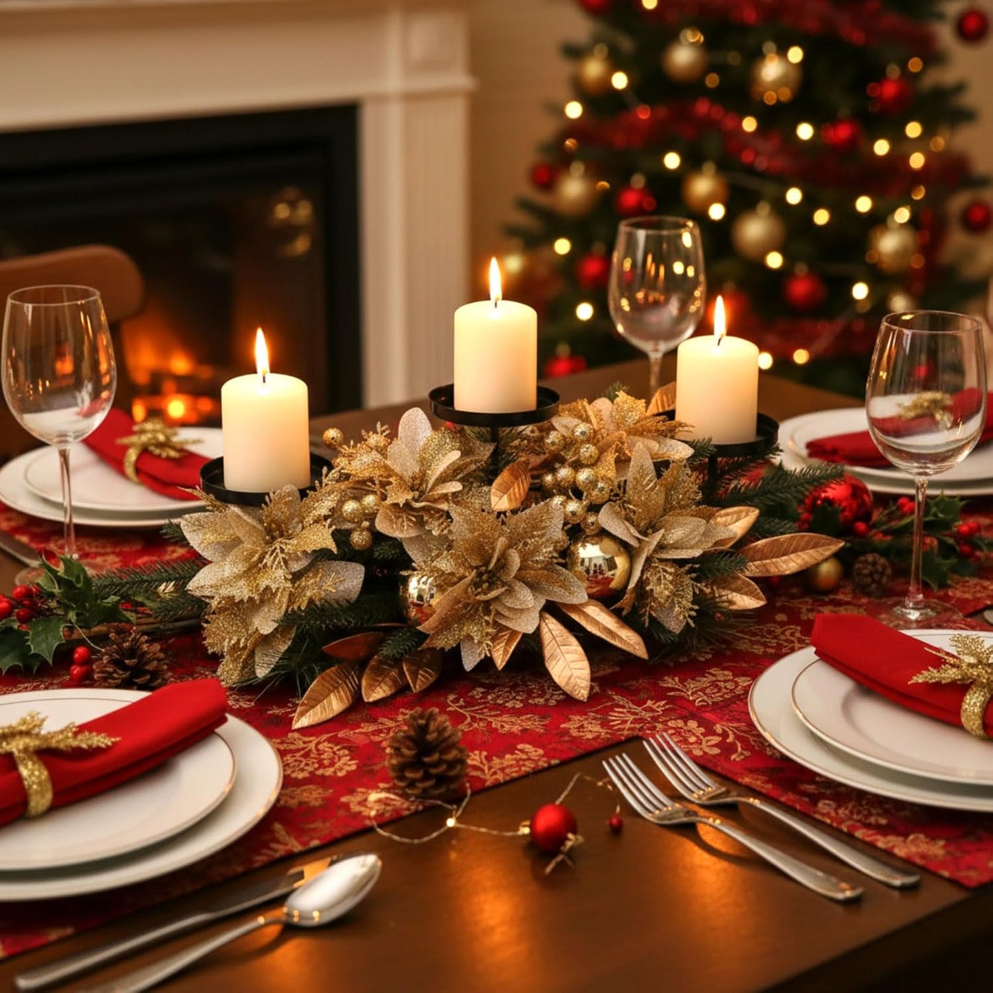 Regine Switzerland Christmas Table Centerpiece - 3 Candle Holders with Gold Poinsettia & Pinecones