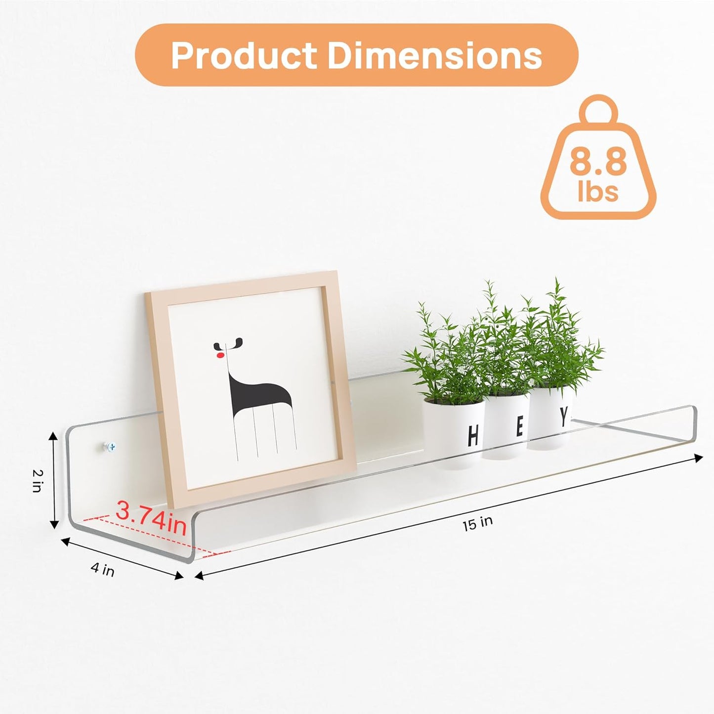 Upsimples 6 Pack Floating Acrylic Shelves - 15" x 4" Clear Wall Storage for Kids' Rooms & Home Decor
