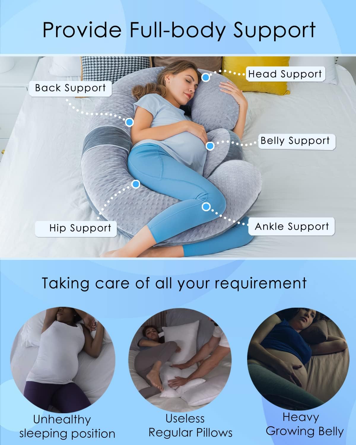 Queen Rose E-Shaped Pregnancy Pillow - Adjustable Full Body Maternity Support, 60 Inch, Grey Velvet Cover