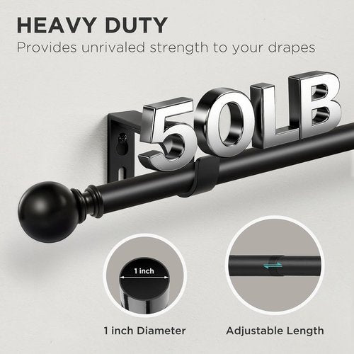 Joydeco Black Curtain Rods - Heavy Duty Adjustable Design for Windows 32 to 120 Inches | 1 Inch Diameter