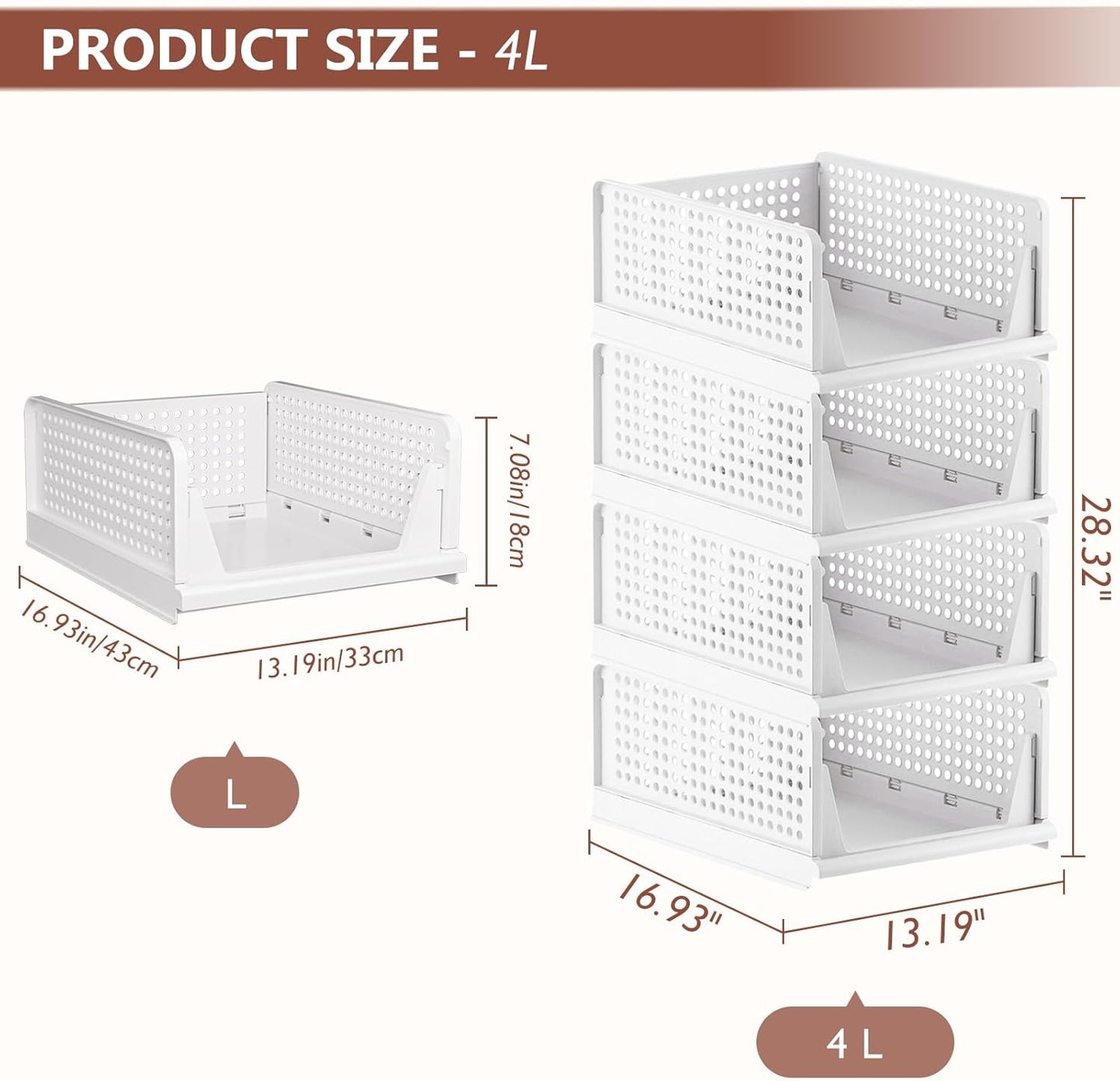 Skiennix Folding Closet Organizers - Stackable Storage Bins for Home & Office | White, 4-Pack