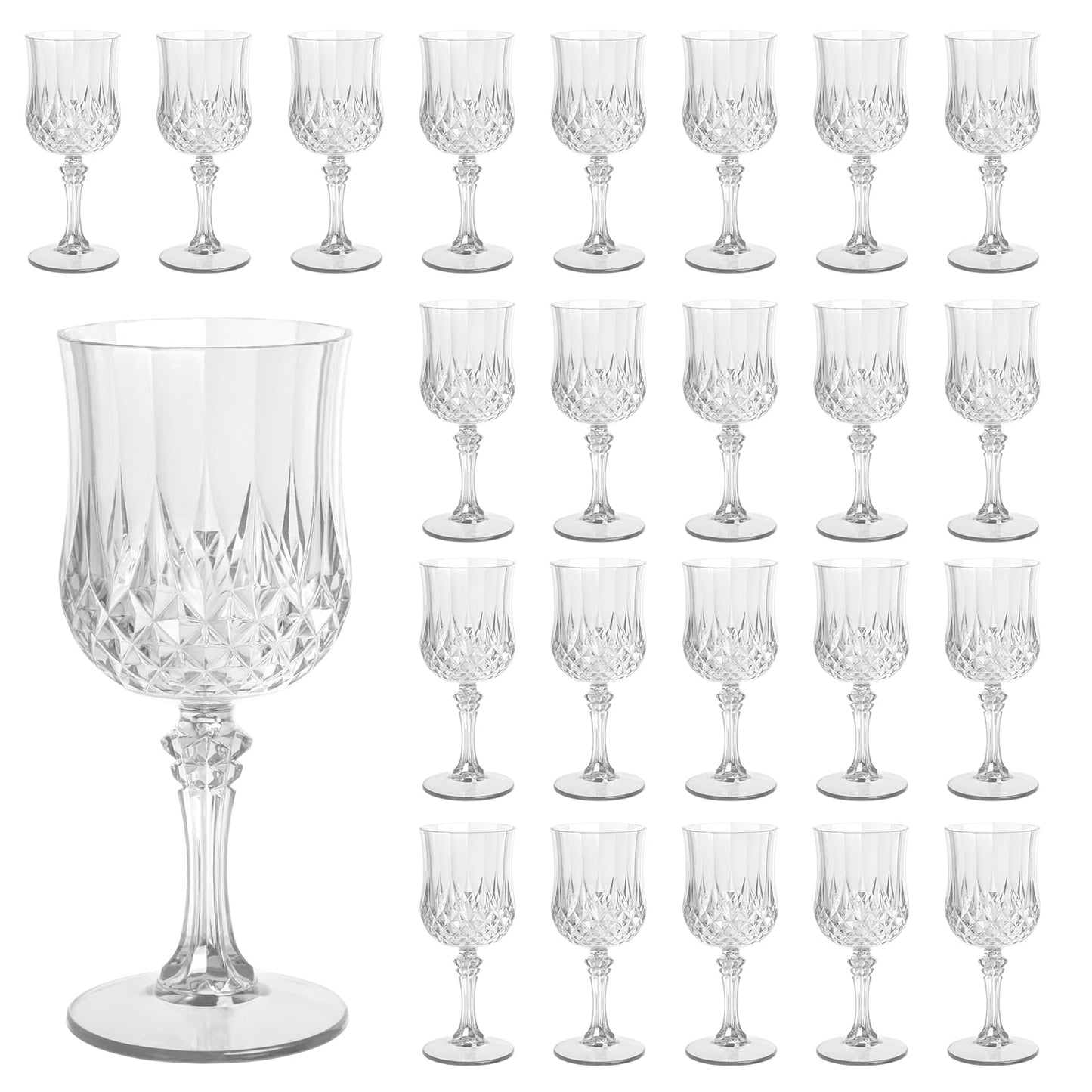 AmeLeis Plastic Wine Glasses Set of 24, 7.7 oz Reusable Plastic Goblets, Hard Plastic Stemware for Wedding, Party, Events, Elegant Shatterproof Drinking Glasses, Clear