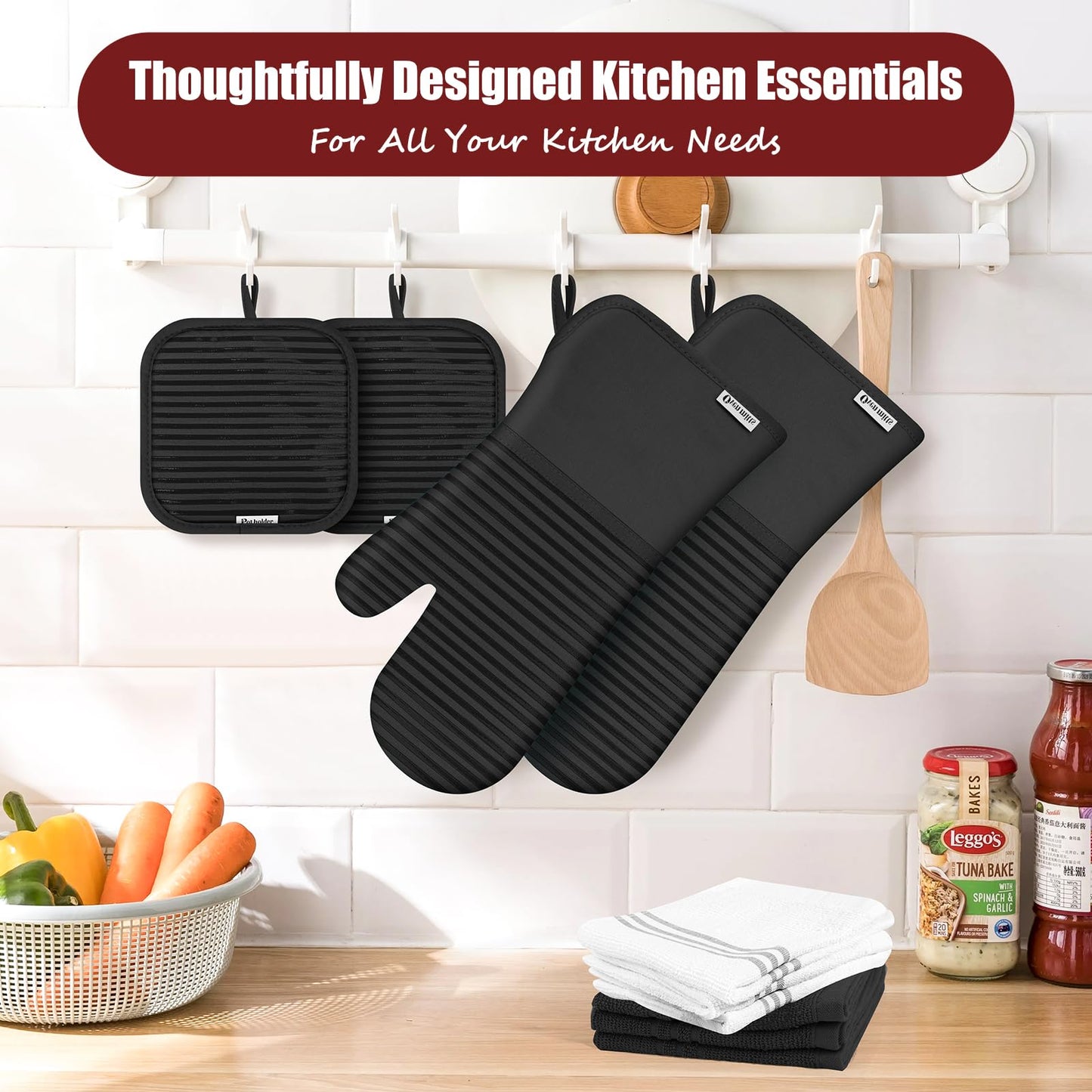 Oven Mitts and Pot Holder Sets with Silicone Grip, 500°F Heat Resistant-6 Pack Dishcloth/Dish Towels for Kitchen 100% Cotton-Value Kitchen Essentials for Cooking, Baking, Grilling-Black