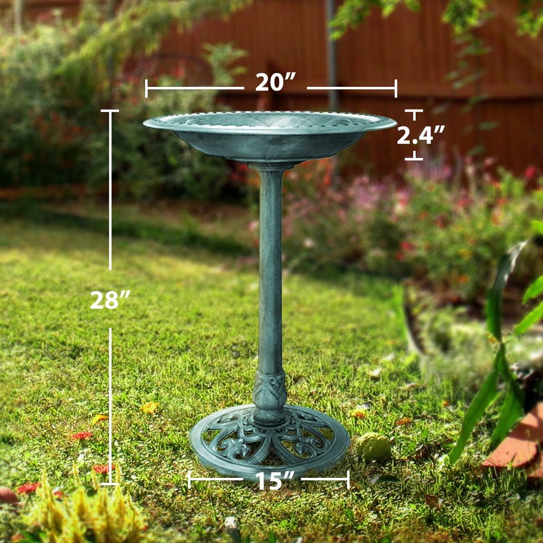 VIVOHOME Bird Bath - Weather-Resistant Outdoor Pedestal Design | 28-Inch Height, 20-Inch Bowl, Green