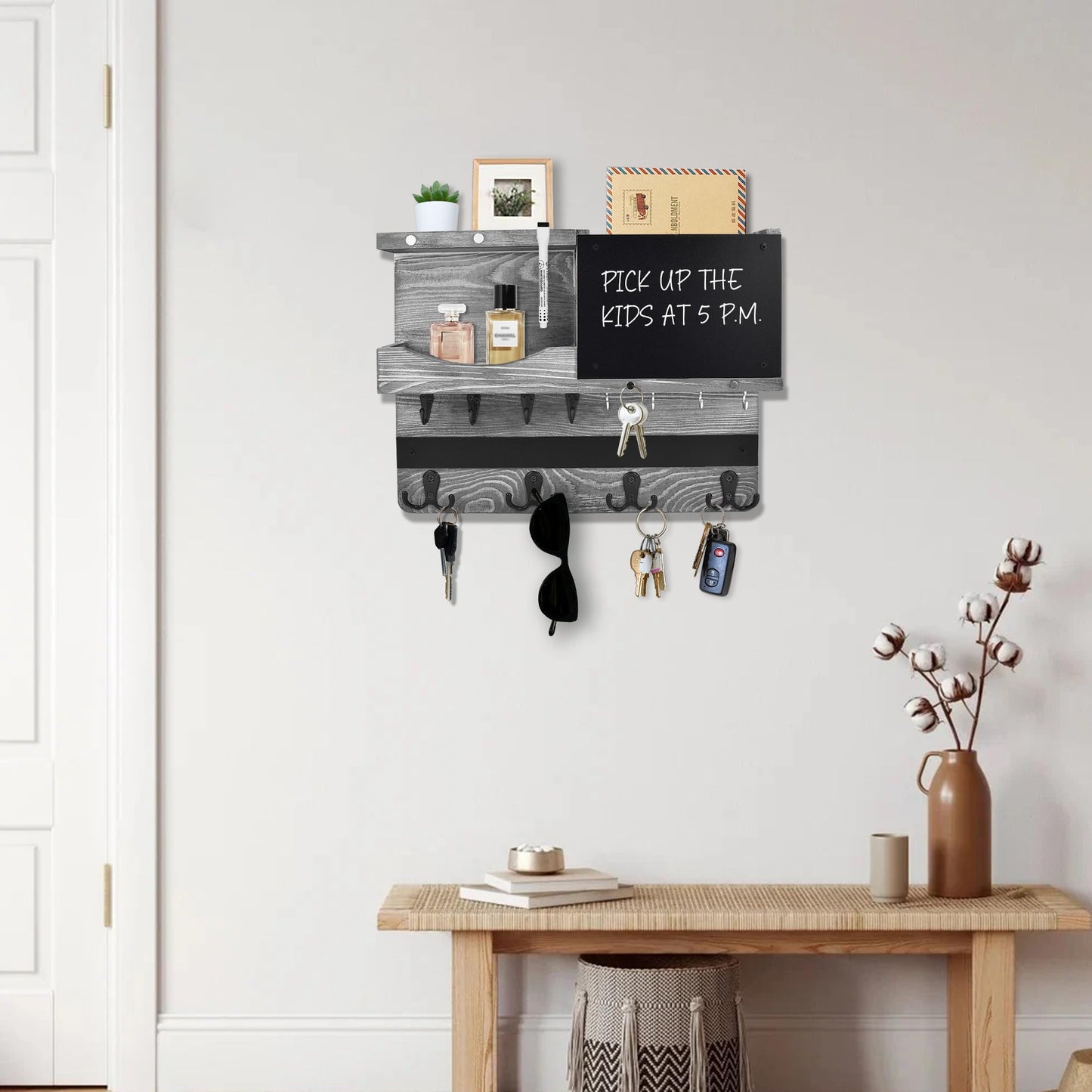 HEKOOLA Farmhouse Key and Mail Holder for Wall Decorative, Mail and Key Organizer for Wall with Different Hooks, Chalkboard, Home Decor with Shelf, Basket, Clips(Pine Wood,Washed Gray)