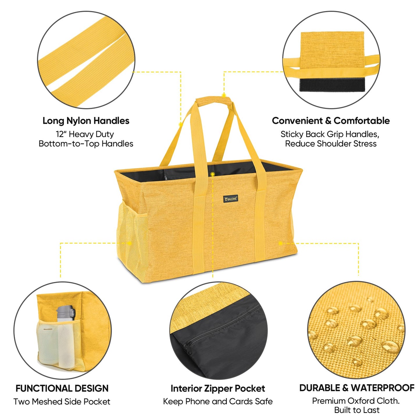 BALEINE Extra Large Utility Tote Bag with Reinforced Wire Frame, Reusable Grocery Bag for Shopping, Picnic (Yellow, 22''x12''x10'')