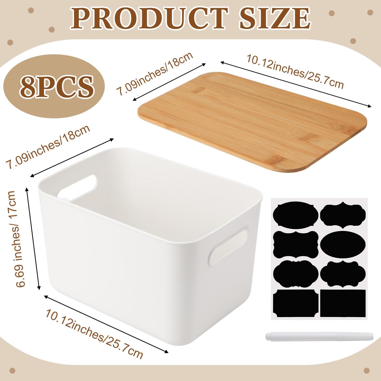 Beeveer 8 Pcs Storage Bins with Lids Plastic Storage Containers with Bamboo Lids Medicine Cabinet Organizer Handle Stackable Organizing Containers Marker 8 Stickers, 10.12 x 7.09 x 6.69 Inch
