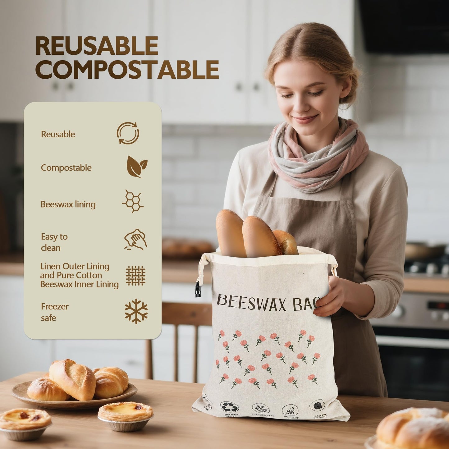 2 Pack Beeswax Bread Bag,17"×13"Reusable Organic Bread Bags for Homemade Bread Sourdough,Linen Outer Lining and Pure Cotton Beewax Inner Lining Moisture-proof &Fresh-Preserving With Buckle&Bowl Covers