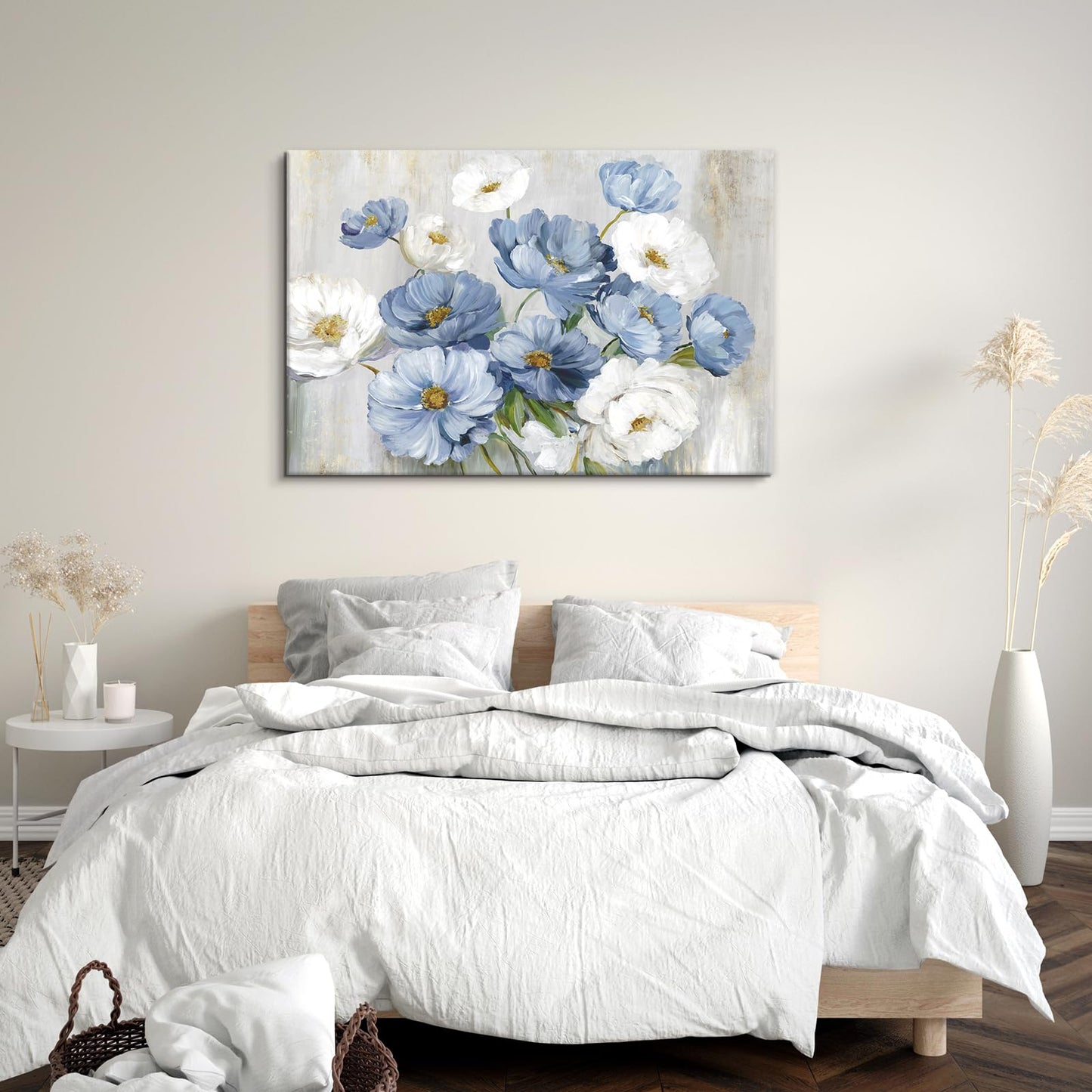 Goldfoilart Blue Flower Wall Art Light Blue and White Floral Canvas Print, 36"x24" Large Modern Flower Picture for Living Room Bedroom Bathroom Home Decor
