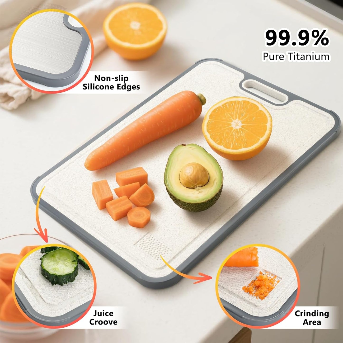 Titanium Cutting Board - Double-Sided Meal Prep Board with Pure Titanium & Wheat Straw | Large 16”×11”