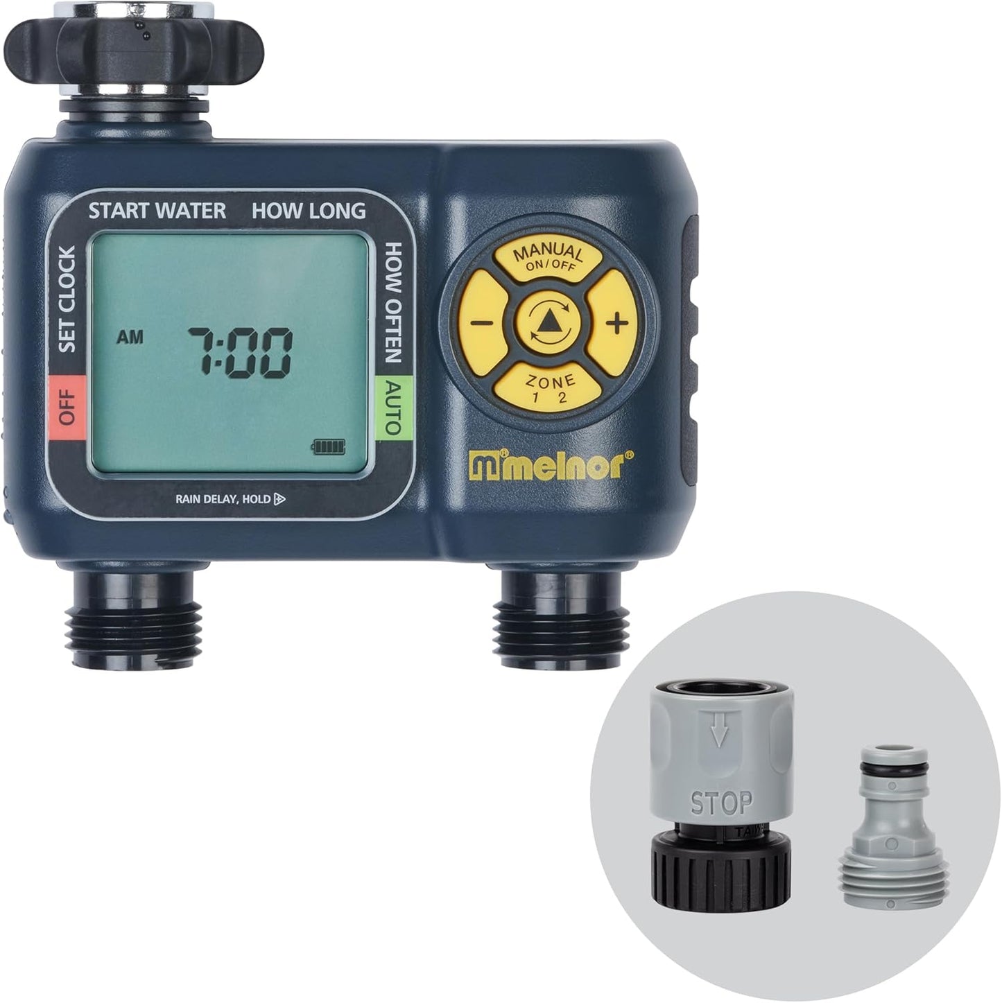 Melnor AquaTimer Digital Hose Timer - 2-Zone Programmable Watering System | Quick Connect Bundle, Black & Yellow