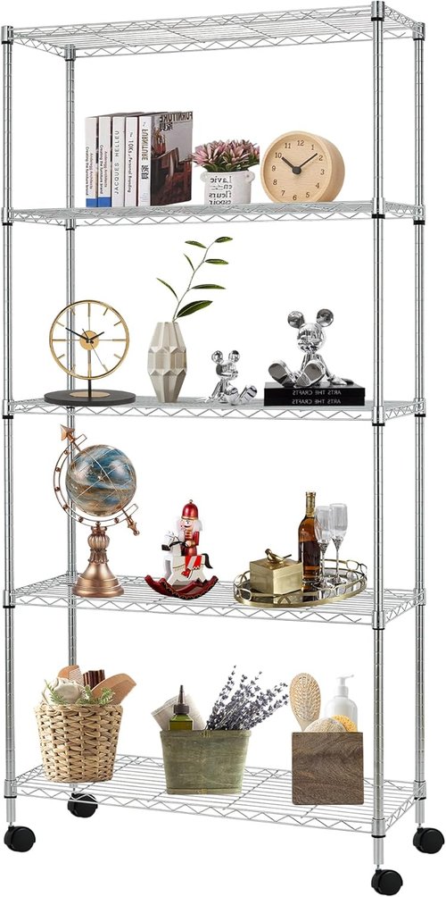 FDW 5-Tier Wire Storage Shelves with Wheels - Adjustable Heavy-Duty Metal Rack | Chrome, 30"x14"x61" | Tool-Free Assembly, Rust-Resistant, Holds Up to 220 lbs | Ideal for Home & Garage Storage