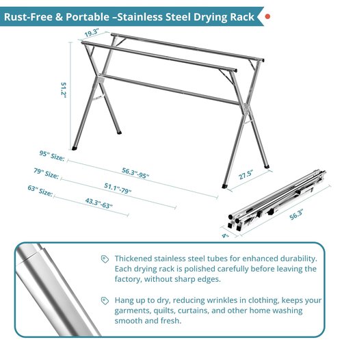 JAUREE 79 Inches Clothes Drying Rack, Drying Rack Clothing Folding Indoor Outdoor, Heavy Duty Stainless Steel Laundry Rack, Foldable Portable Large Clothes Rack Garment Rack with 20 Windproof Hooks