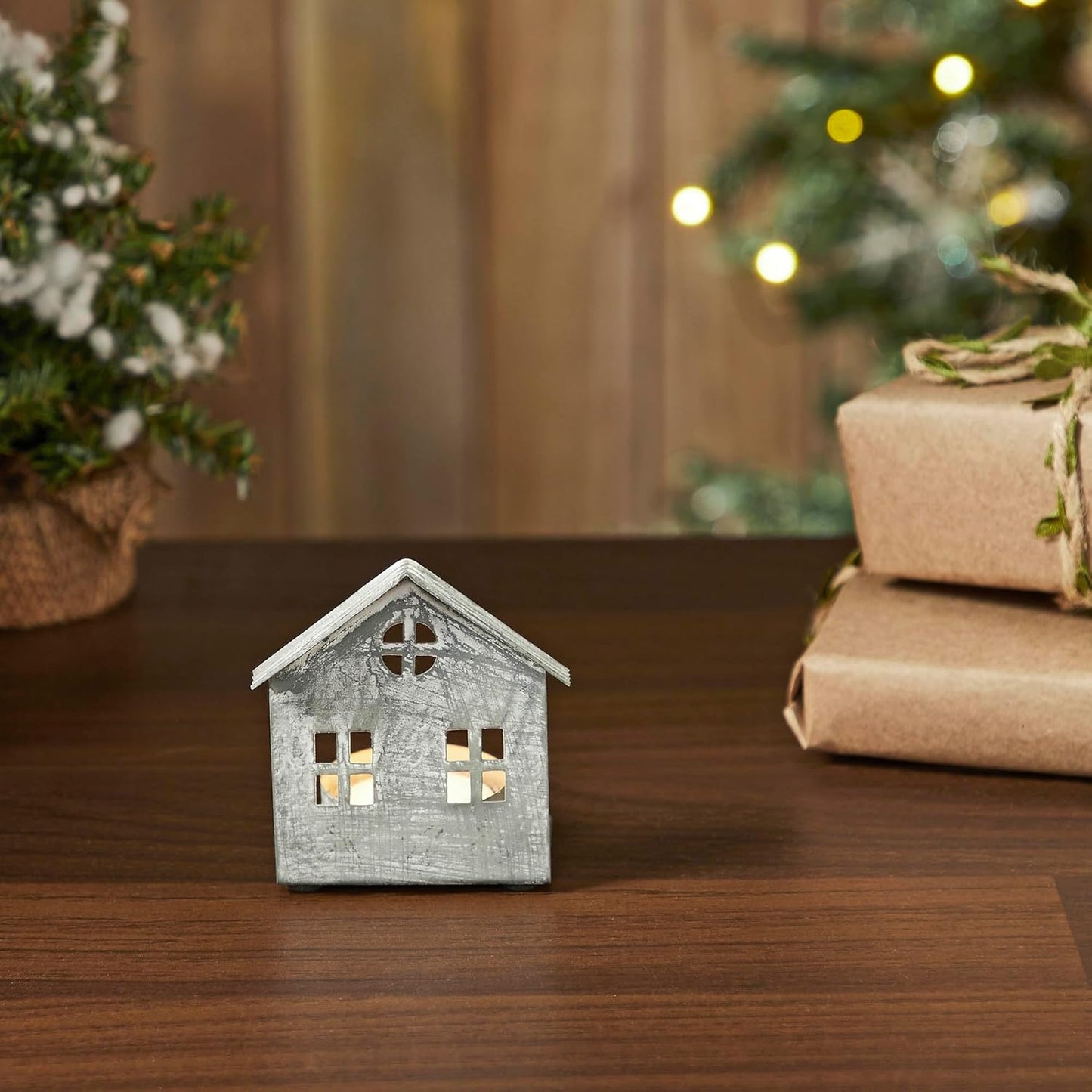 Antique Grey Metal Village House Tealight Holder - 3.25x2.75x2 Inch Decorative Accent