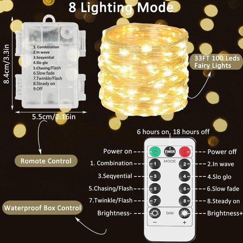 Beieverluck 100 LED Fairy Lights - 33FT Battery Operated String Lights with Remote & Timer | Waterproof for Indoor/Outdoor Use