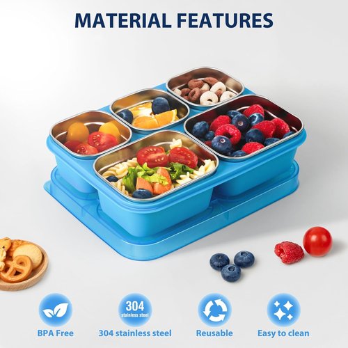 Freshmage Stainless Steel Snack Containers - BPA-Free 5-Compartment Bento Box | 2-Pack Reusable Food Storage (Pink/Blue)