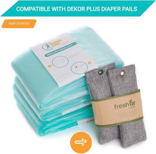 Jasclair Refill Bags for Dekor Plus Diaper Pail - Odor-Locking Multi-Layer Liners | 4 Pack | Light Baby Powder Scent