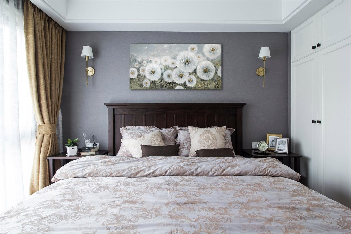 Ardemy Flowers Wall Art Canvas Dandelions Painting White Bloosom Artwork Modern Landscape, Floral Picture Hand Painted Textured Large Framed for Living Room Bedroom Bathroom Home Office Decor 40"x20"