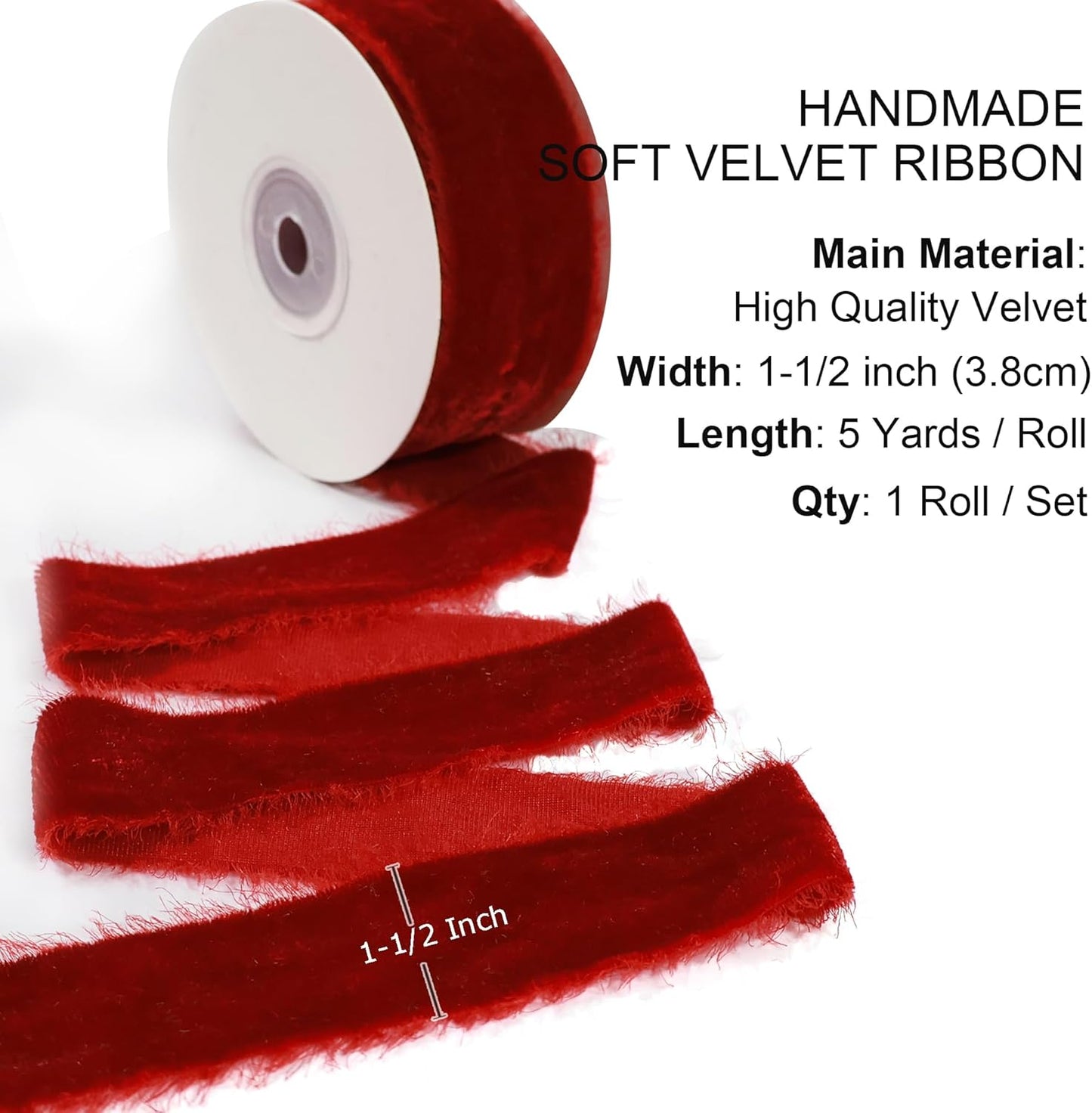 Red Velvet Ribbon - Handmade Silk Fabric, 1.5 Inch x 5 Yards, Perfect for Gift Wrapping & Decorations