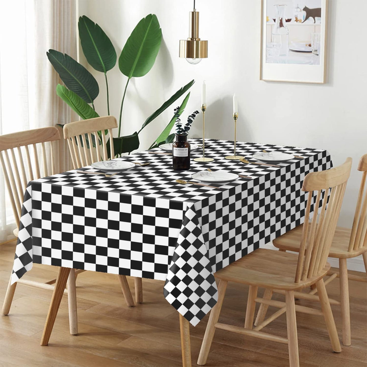 QIKSION Checkered Tablecloth Disposable 2 Pack, 54 x 108 Inch Black and White Checkered Flag Table Cloth for Race Car Decorations, Birthday Party Supplies, Rectangle, Plastic Table Cover