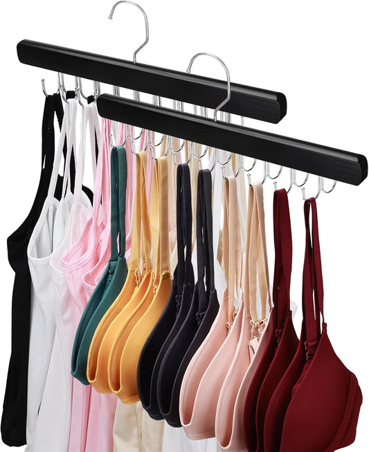 NECAMOCU Bra Hanger - Premium Wooden Closet Organizer with 36 Foldable Hooks | Space-Saving Design in Black