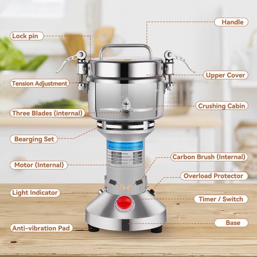 Electric Grain Mill Grinder - 2000W High-Speed 750g 304 Stainless Steel Professional Grain Mill & Spice Grinder for Kitchen and Coffee Shop - Grinds Grains, Coffee, and Dry Spices with Easy Operation