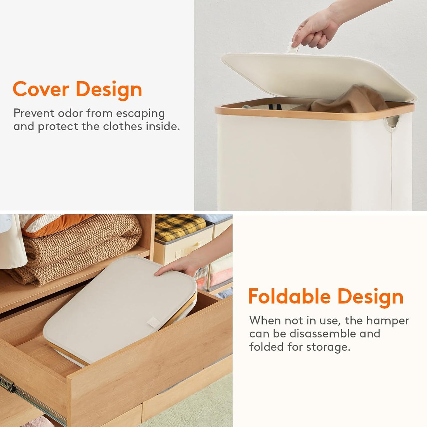 Lifewit 80L Laundry Basket - Foldable Hamper with Lid & Bamboo Handles | Large White Design