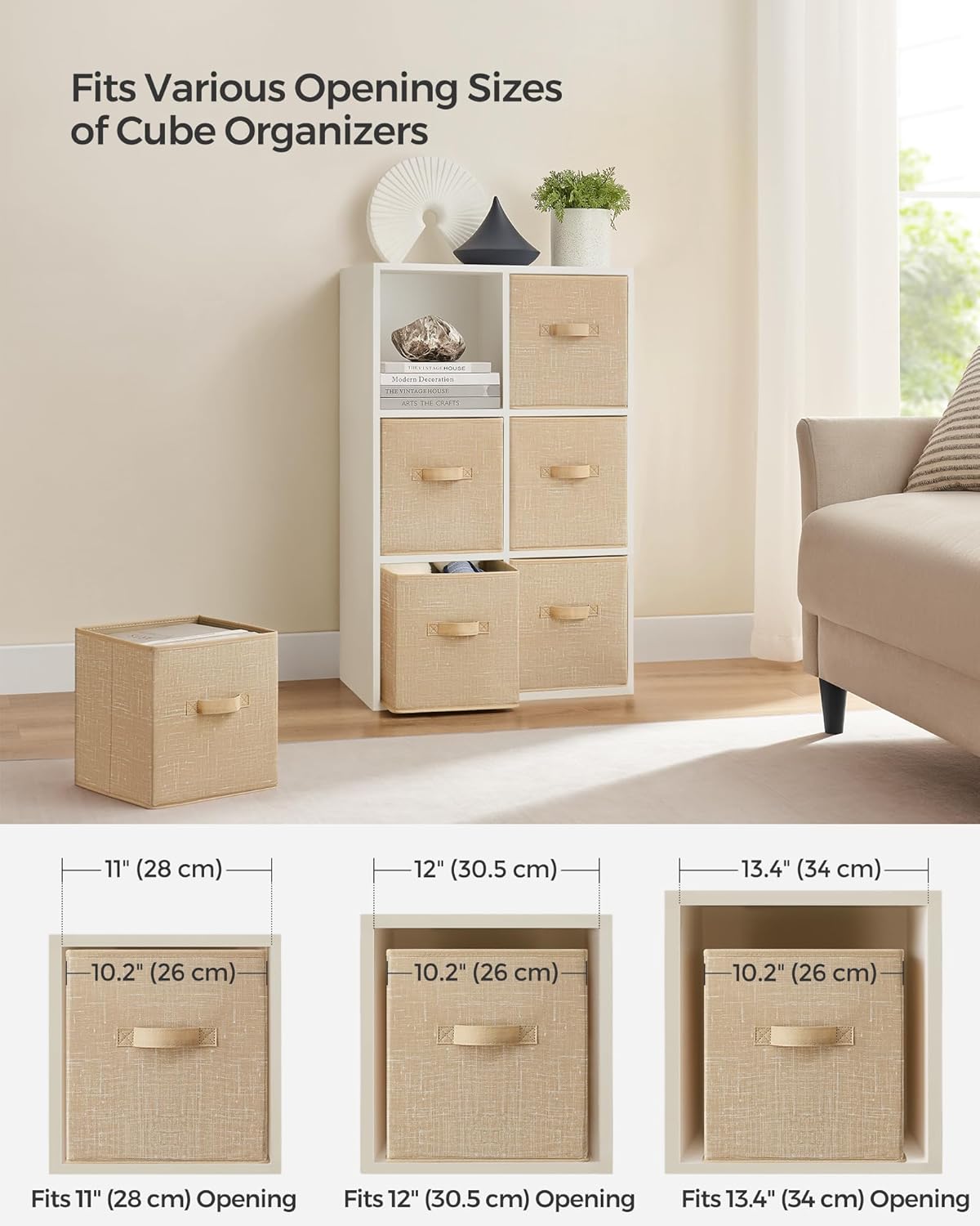 SONGMICS Storage Cubes - 11-Inch Non-Woven Fabric Bins with Double Handles | Set of 6, Sand Beige Closet Organizers