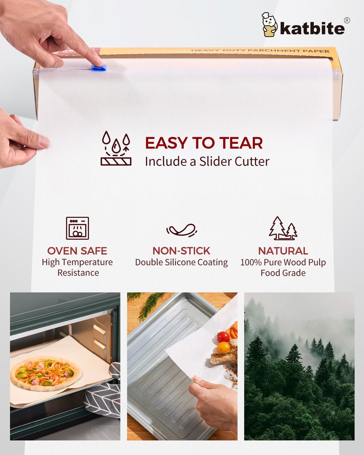 Katbite Parchment Paper Roll - Heavy Duty Non-Stick Baking Paper, 15 in x 210 ft, 2 Pack with Slide Cutter