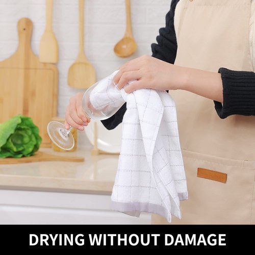 Homaxy 100% Cotton Terry Kitchen Towels(White, 13 x 28 inches), Checkered Designed, Soft and Super Absorbent Dish Towels, 6 Pack