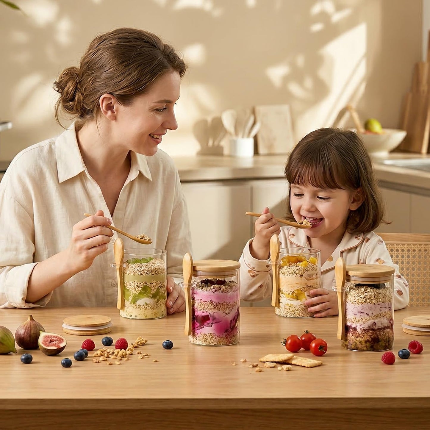 4 Pack Overnight Oats Containers with Bamboo Lids and Spoons - 22 oz Airtight Glass Jars with Lid, Meal Prep Jars for Chia Pudding, Yogurt, Salad, Cereal, Coffee, Flour | Food Storage Canister