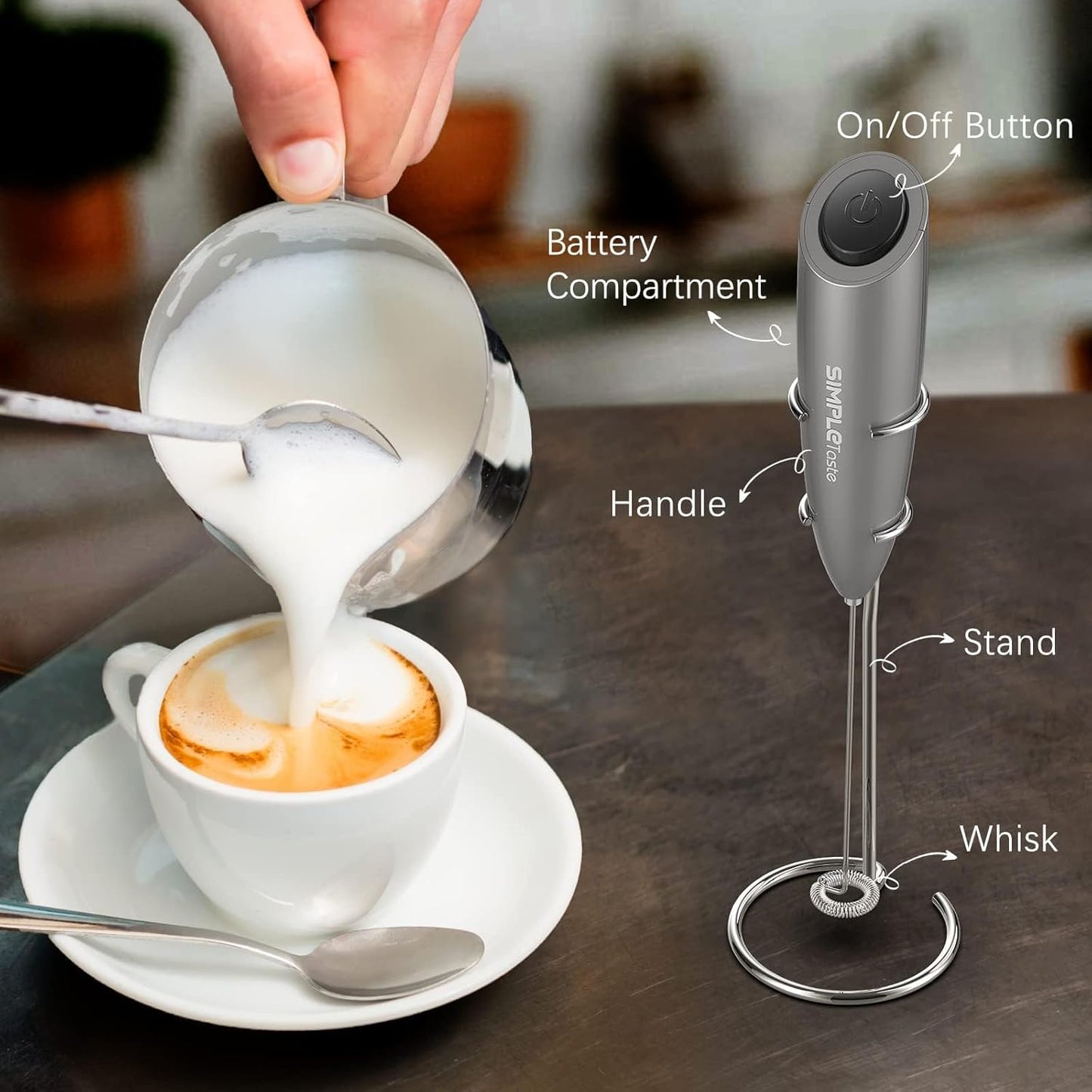 SimpleTaste Handheld Electric Milk Frother - Stainless Steel Whisk for Cappuccino & Latte - Gray with Stand