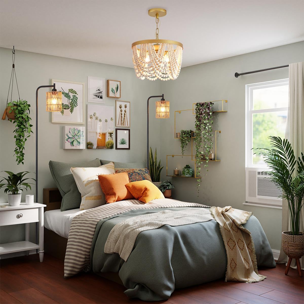 Farmhouse Boho Flush Mount Ceiling Light,3-Light Wood Bead Chandeliers,Black Metal Bohemia Hanging Pendant Lighting,Small Chandelier for Bedroom,Living Room,Entryway,Hallway