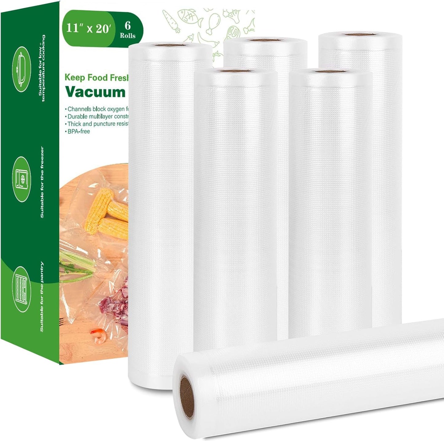 Moretoes Vacuum Sealer Bags - 6 Rolls of 11" x 20' BPA-Free Food Storage Bags for Sous Vide & Meal Prep