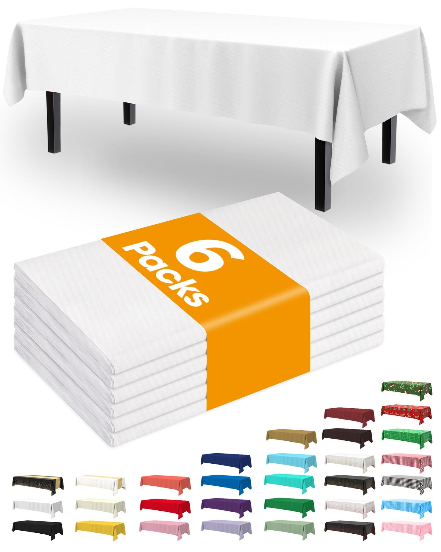 Pureegg Plastic Table Cloth Disposable 6 Pack, 54 x 108 Inch Table Cloths, Party, Picnic, Wedding, Decorative Tablecloths, Rectangle, White Plastic Cover, Waterproof, White